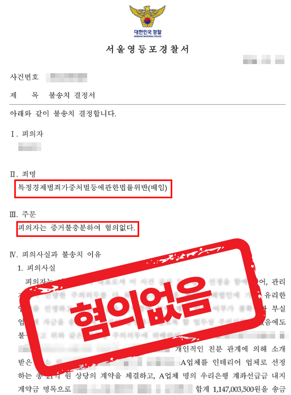 11억 원 배임 혐의, 증거불충분 무혐의로 종결 — 형사 전문 변호사의 실전 변론