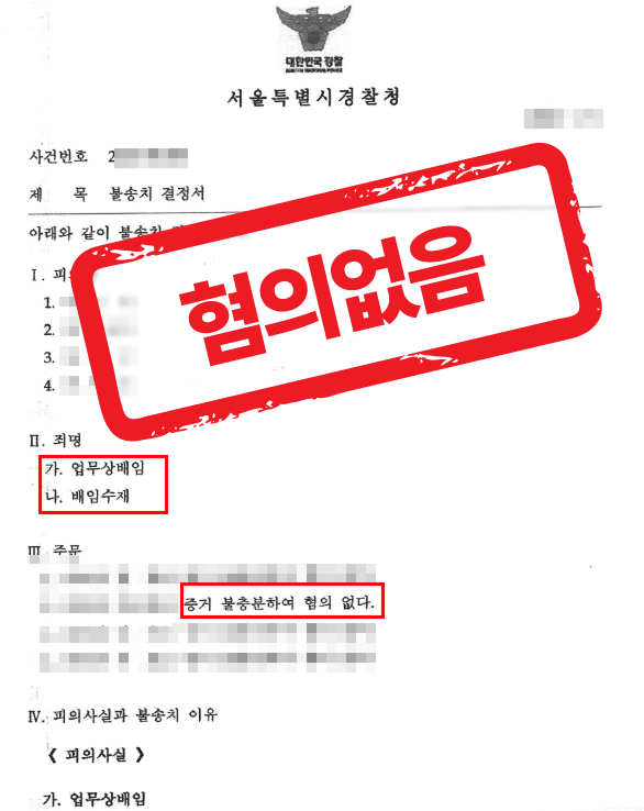 업무상횡령·배임수재 혐의, 치밀한 방어 논리로 불송치 결정받은 사례 -형사 전문 변호사의 실전 변론